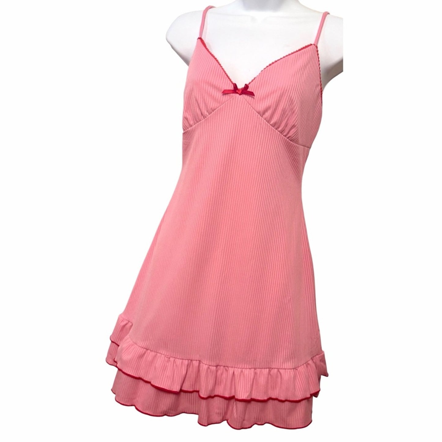 Pink Ribbed Ruffle Hem Mini Dress Cami Slip Coquette Y2K Size M