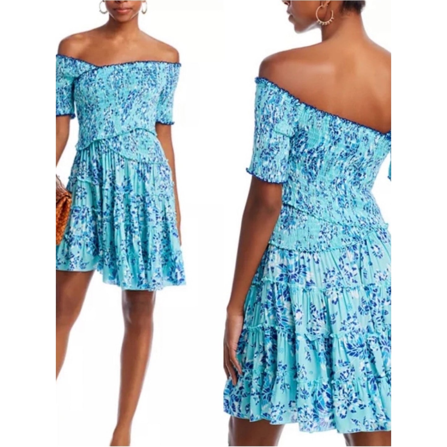 NWT Poupette St Barth Soledad Blue Aquarelle Cotton Plumeti Mini Dress M