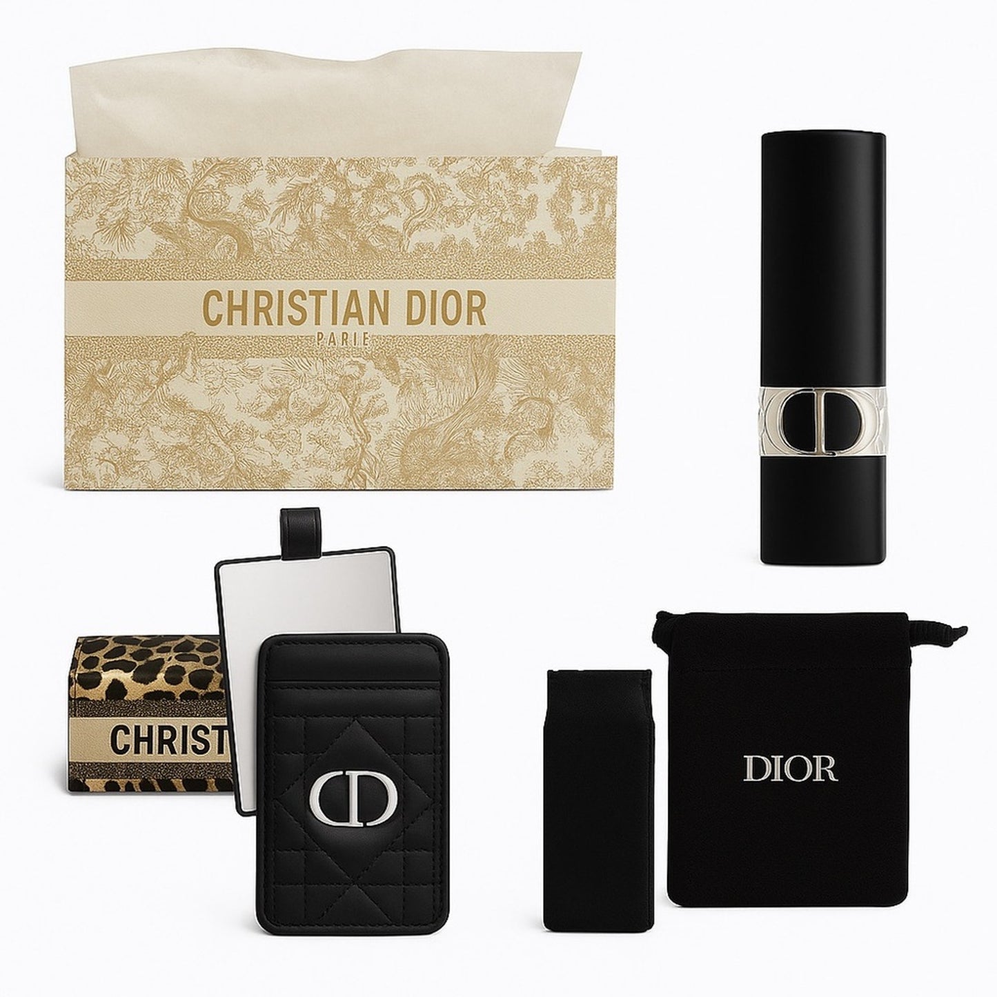 Christian Dior Luxury Gift Bundle–Rouge Lipstick+Cardholder+ Mirror+Leopard Box