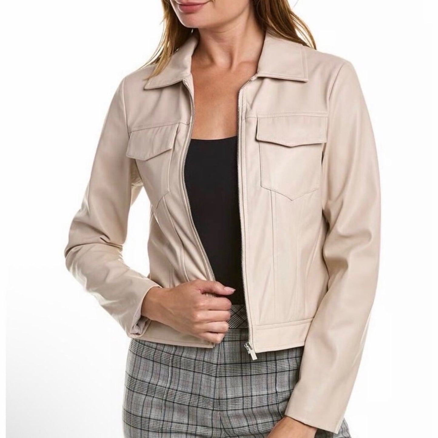 Elie Tahari "Zinc" Vegan Leather Jacket
Women's Light Tan Zip Front Size Large