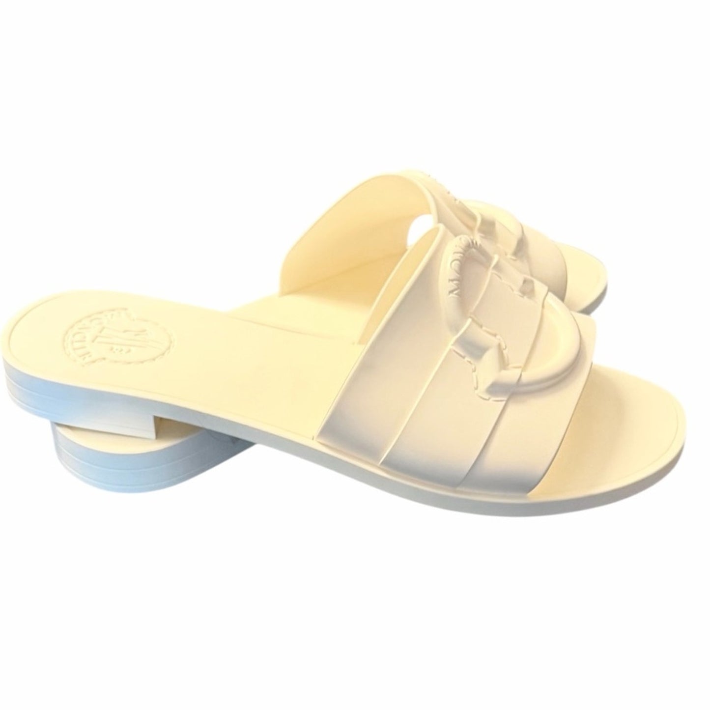Moncler Mon Slide Sandals Cream Size 37 NIB Logo Minimalist Luxury Made in Italy