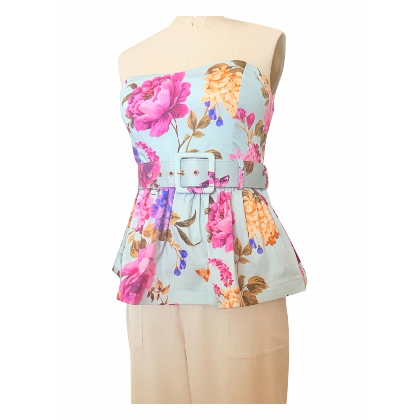Prosperina Jamie Floral Bustier Peplum Belted Top NWT M