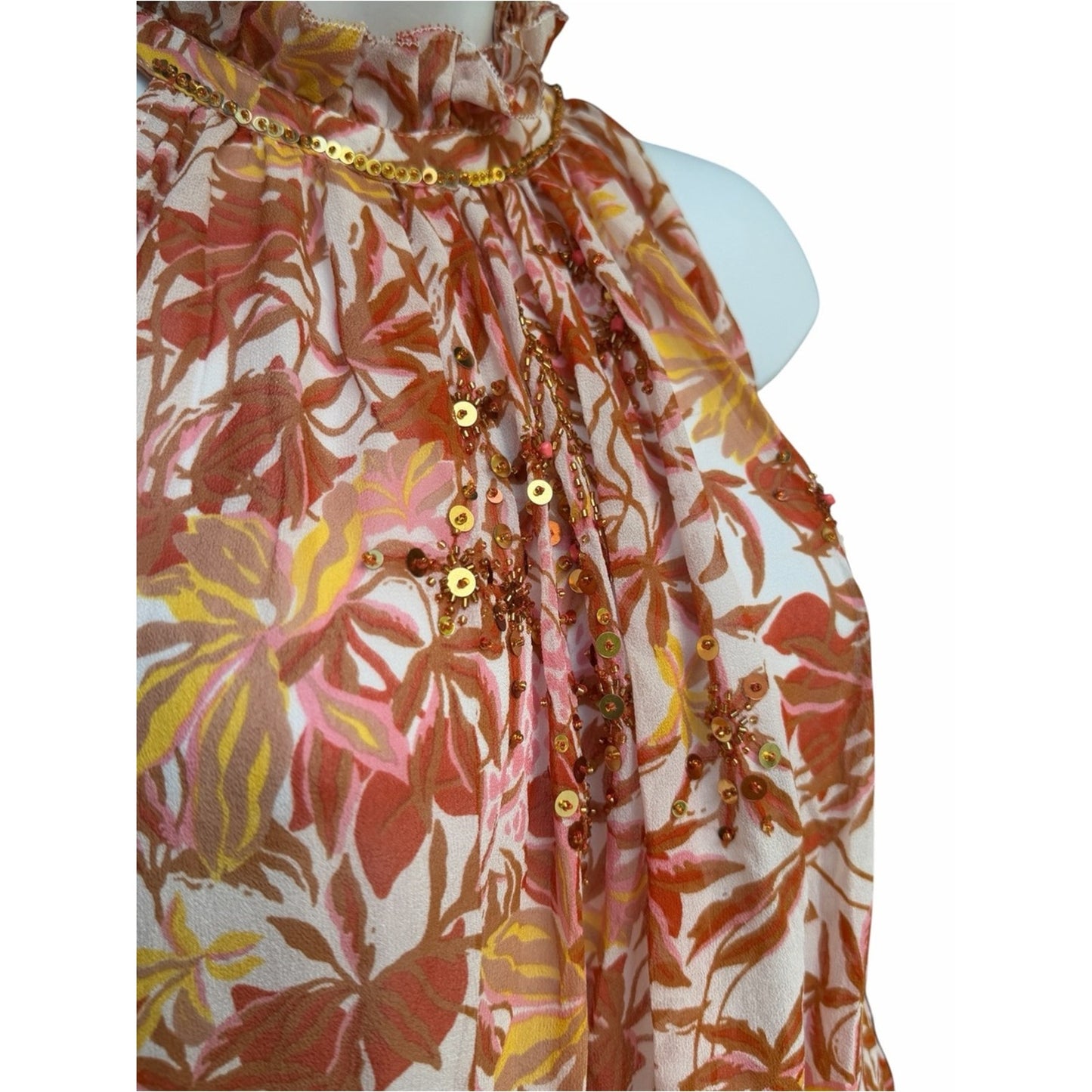 Poupette St Barth Bianca Gold Orchid Beaded Silk Chiffon Resort Halter Dress L