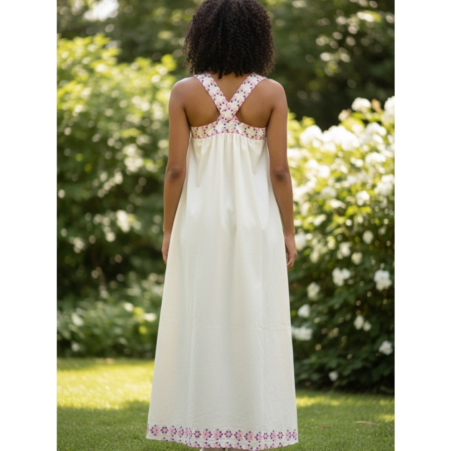 Hermoza Ava Maxi Dress L Ivory Floral Graceful Garlands Cotton 70s Sundress NWT