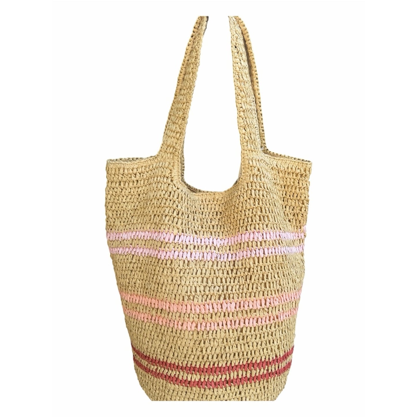 NWT Oversized Straw Beach Tote Pink Stripe Coastal Grandma Resort Bag