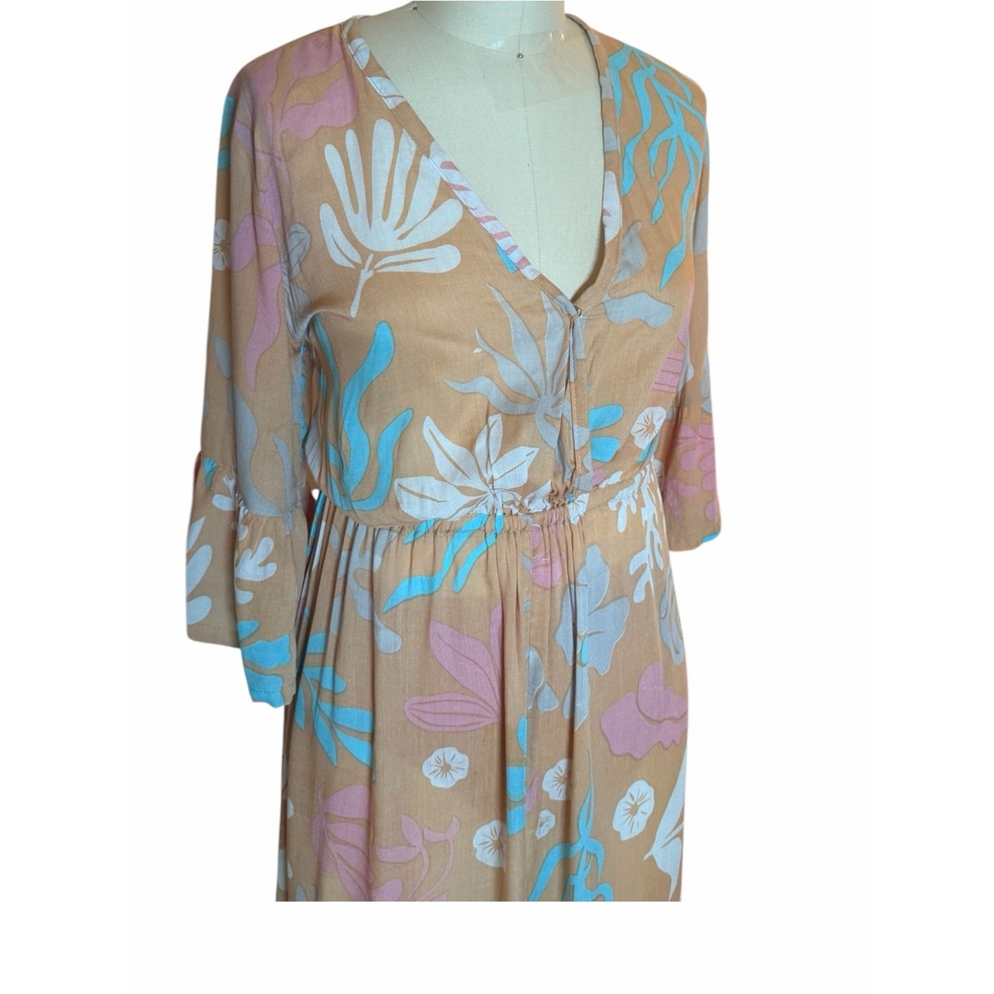 Tiare Hawaii Surry Maxi Dress NWT Brown Aqua Floral Size s/m