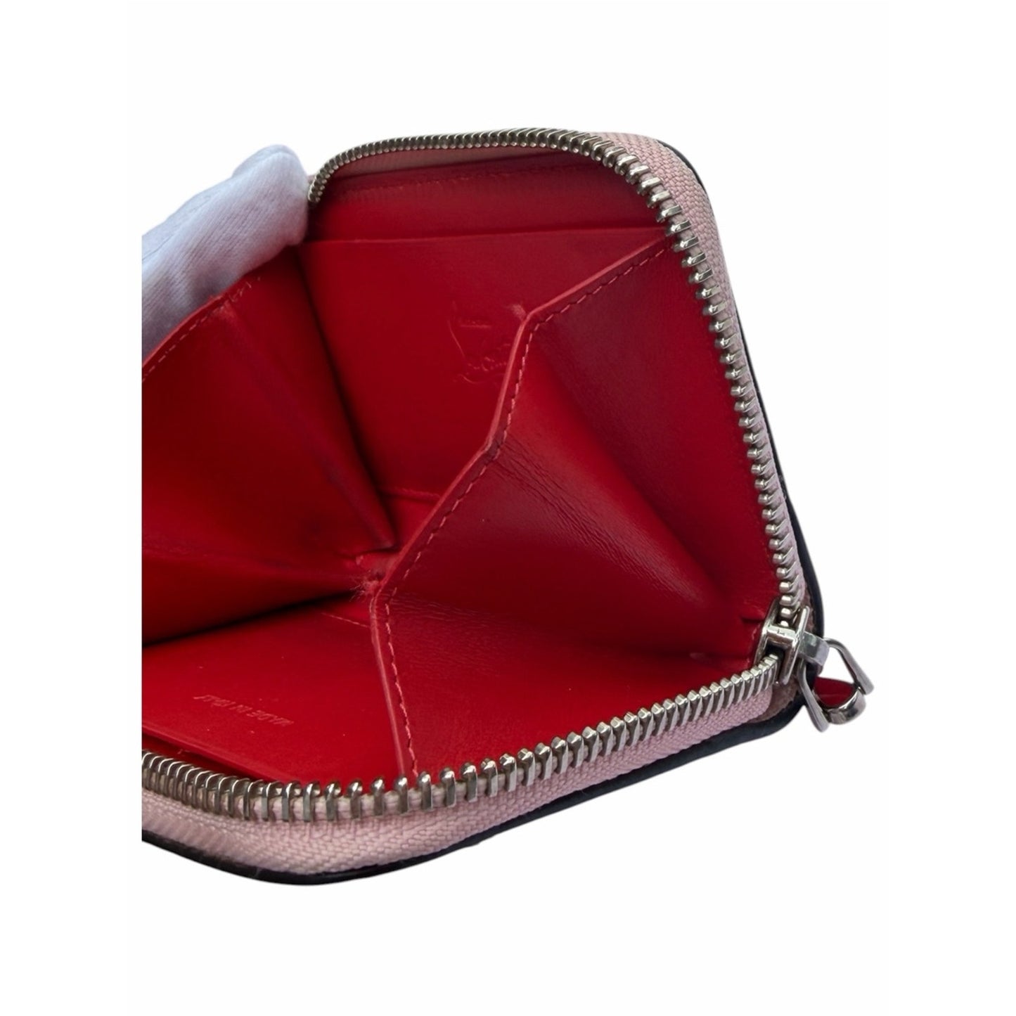 Christian Louboutin Blush Pink Studded Zip Around Coin Card Wallet W/Red Charm