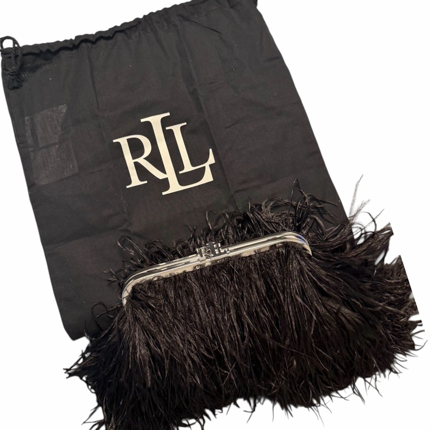 Lauren Ralph Lauren Hollie Feather Fringe Clutch Black LRL Bag NWT Glam Style