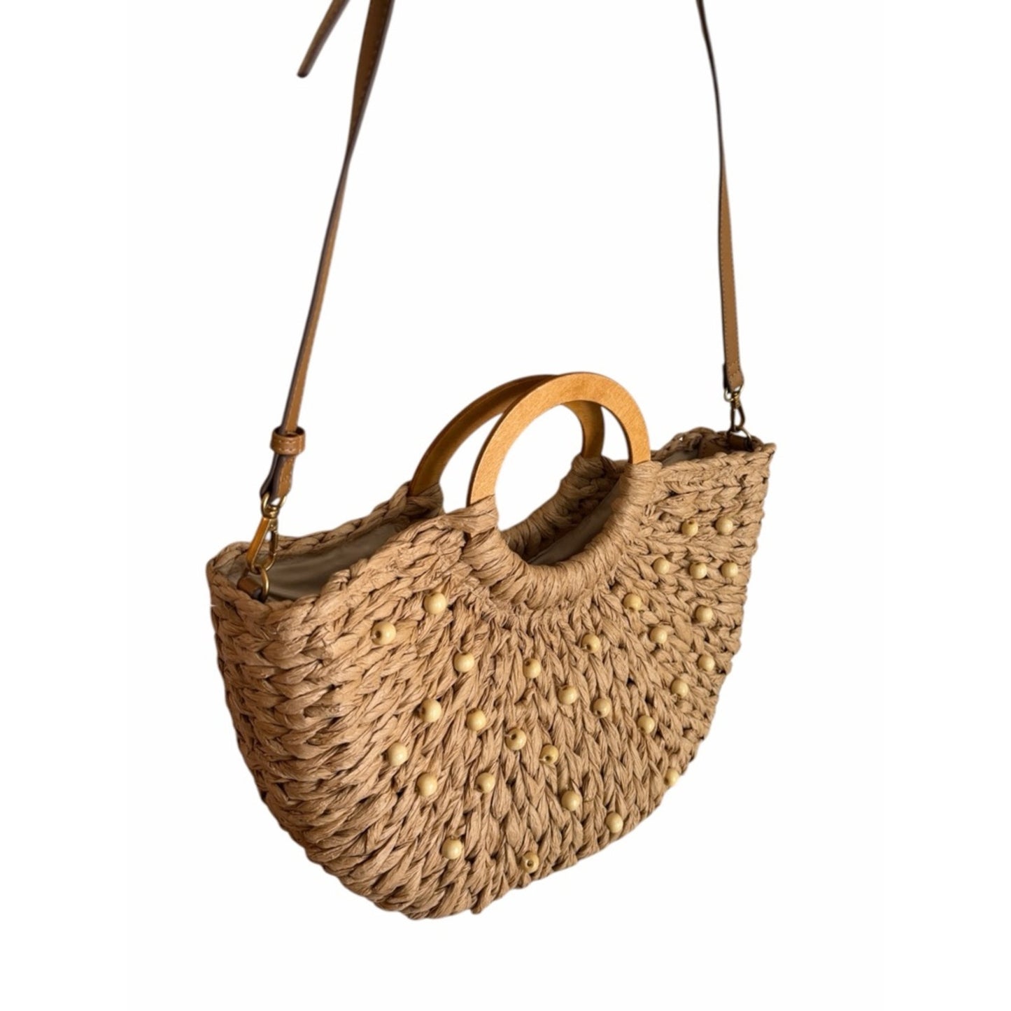 Style & Co Straw Beaded Tote Wooden Handle Crossbody Beach Boho Summer Bag