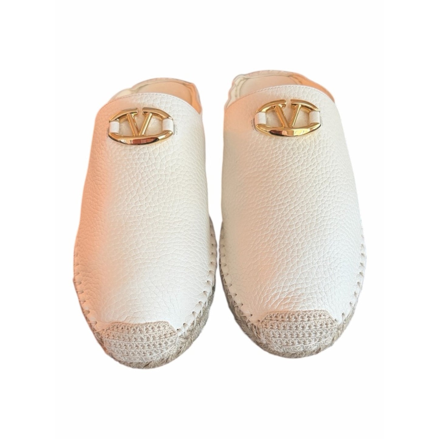 Valentino Garavani V Logo Leather Mule Espadrilles Ivory W/ Gold Logo EU 38 NIB