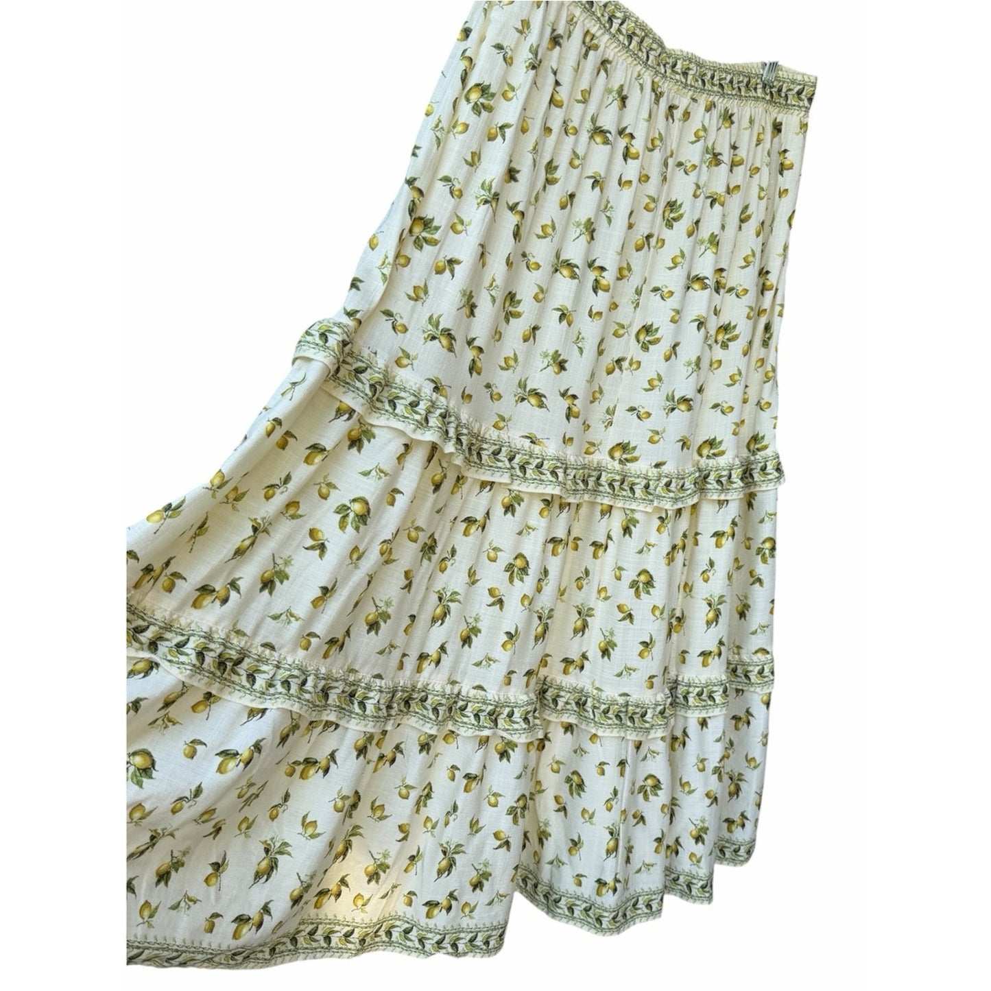 MAX STUDIO London Lemon Citrus Tiered Boho Maxi Skirt XL Coastal Grandma Vibe