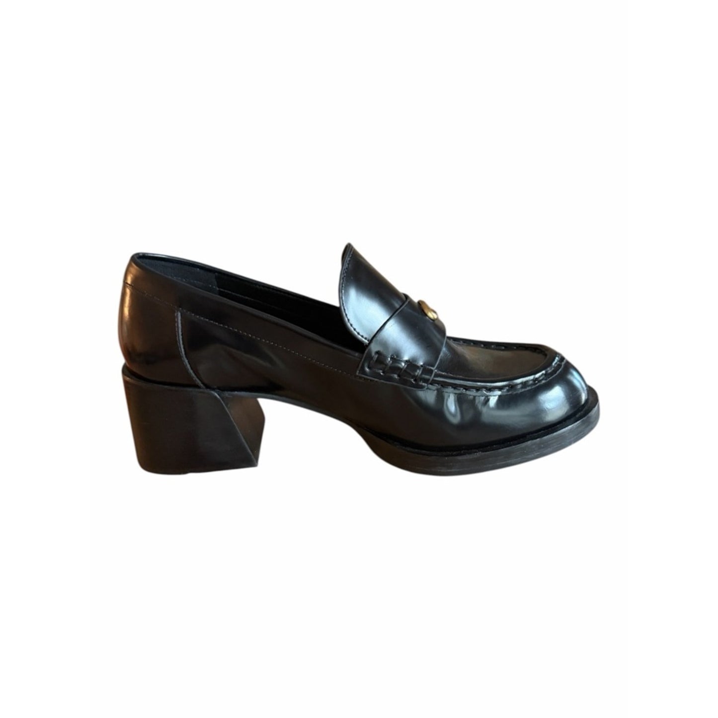 Coach Natalie Leather Loafer Heels Black Size 9 NIB Gold C Hardware