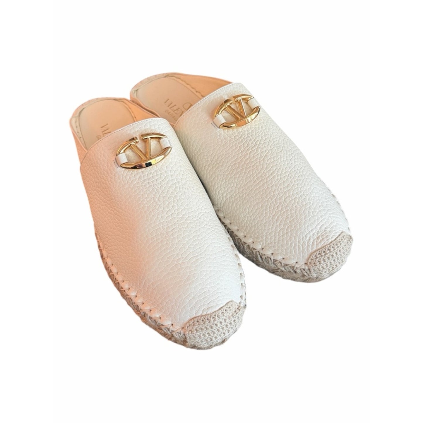 Valentino Garavani V Logo Leather Mule Espadrilles Ivory W/ Gold Logo EU 38 NIB