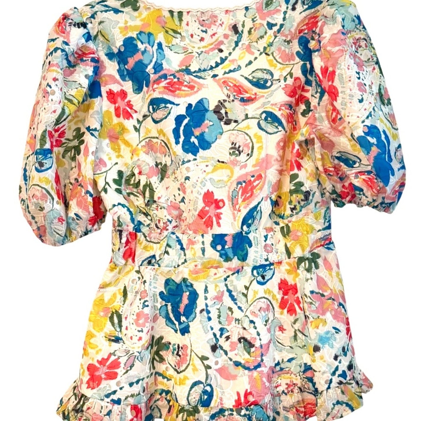 Elie Tahari Romantic Floral Eyelet Peplum Puff Sleeve Designer Top NWT Size 10