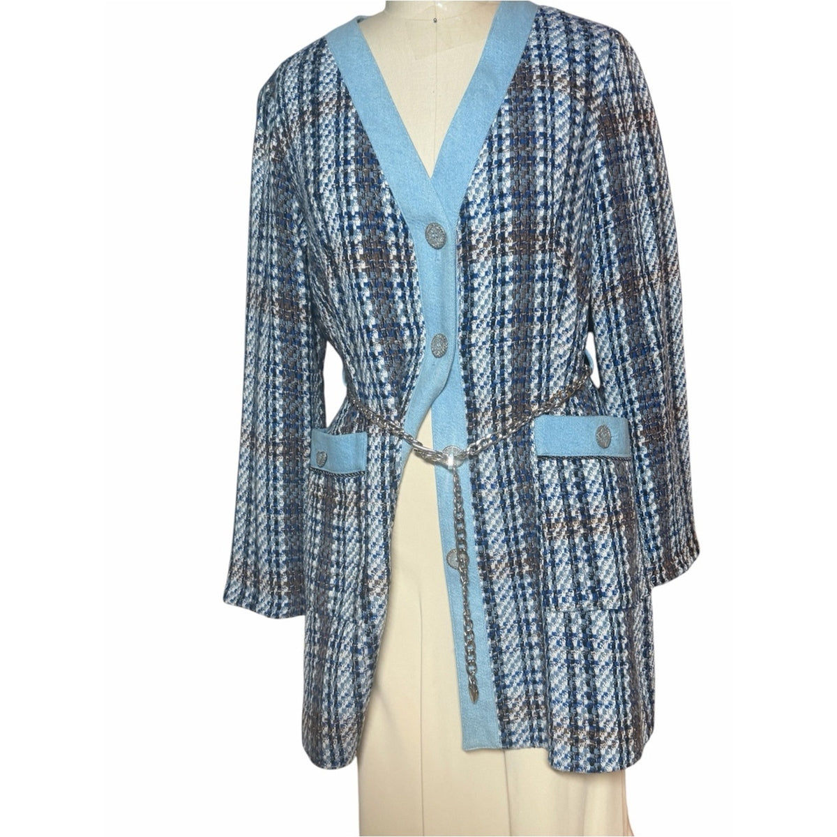 Zara Tweed &  Denim Chain Belted Longline Blazer Dress Size L EUC