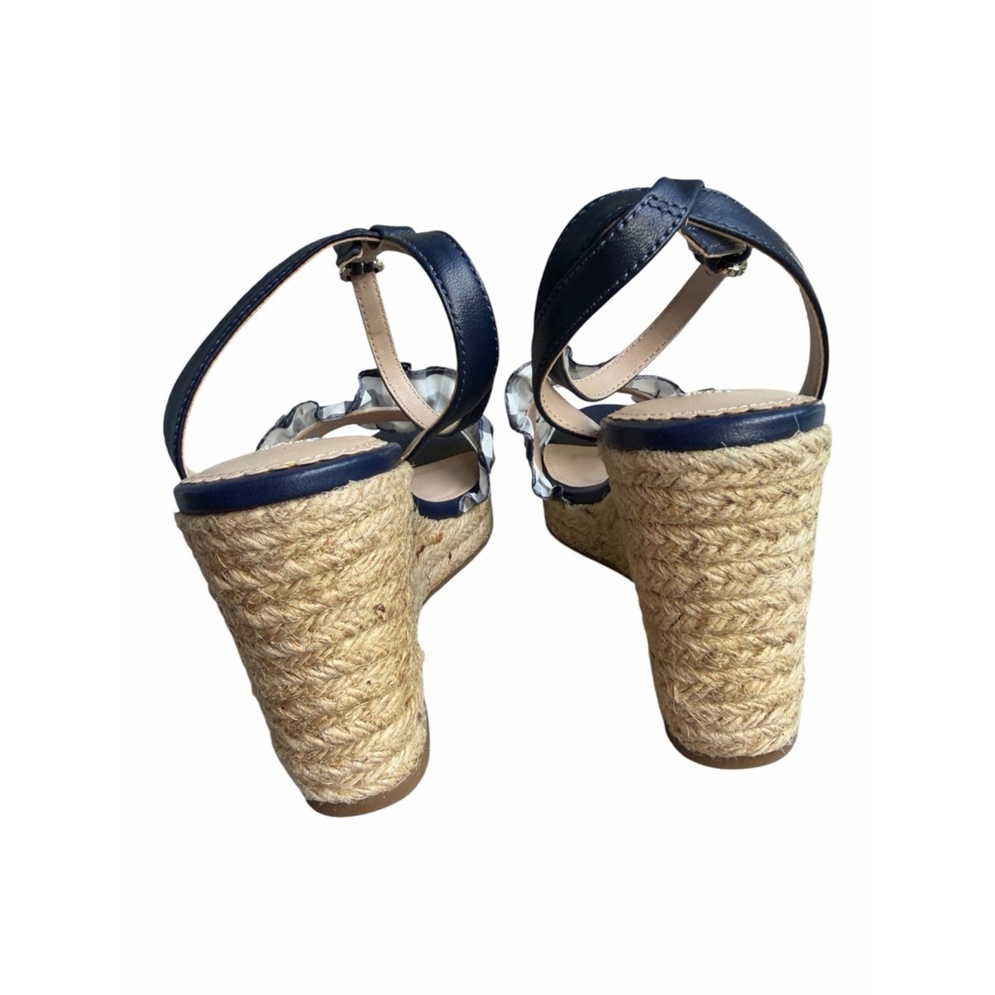 Draper James Abigail Navy Gingham Ruffle Espadrille Wedge Sandals NIB Size 7