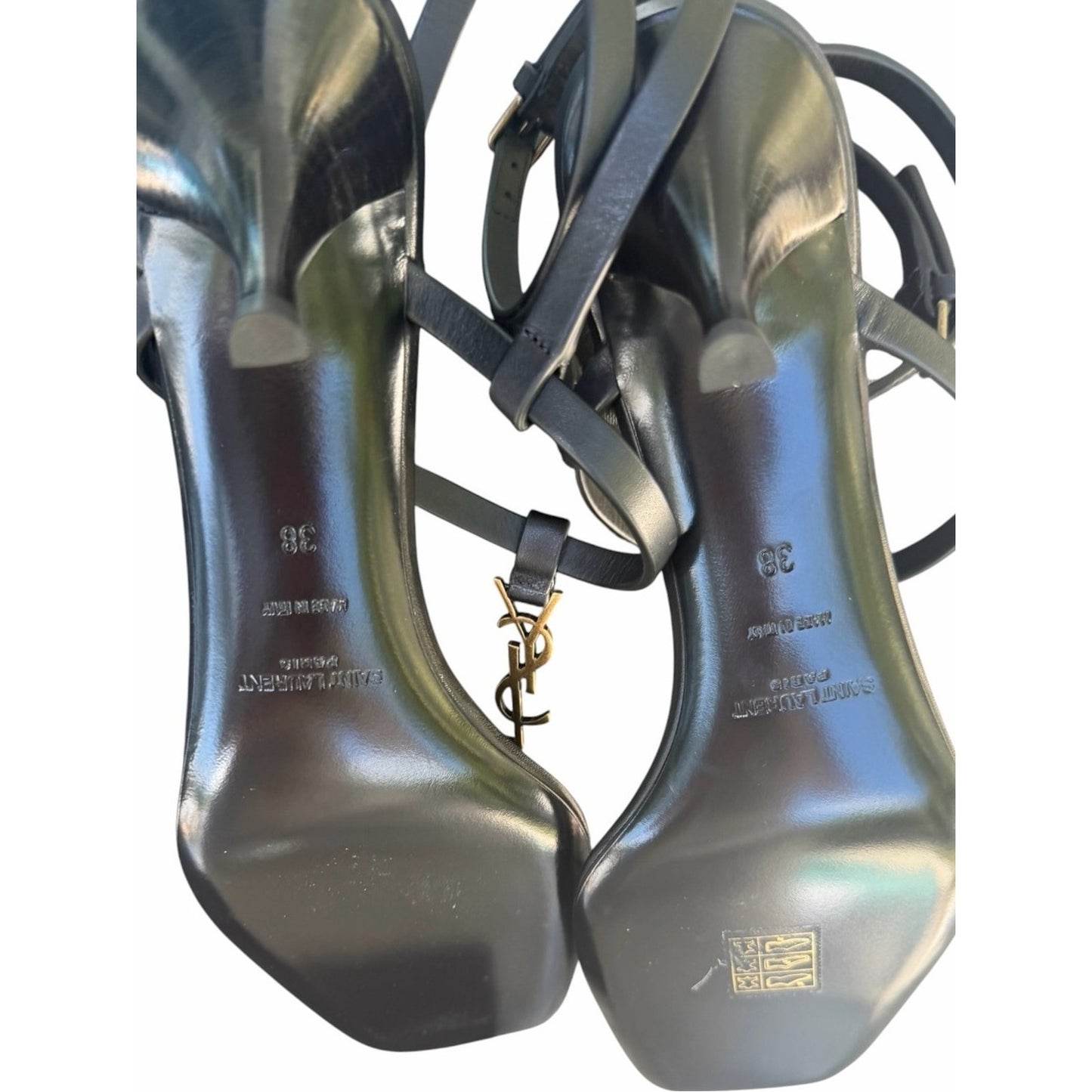NWT Saint Laurent Cassandra YSL Logo Leather Sandals Black Gold Size 38 Full Set