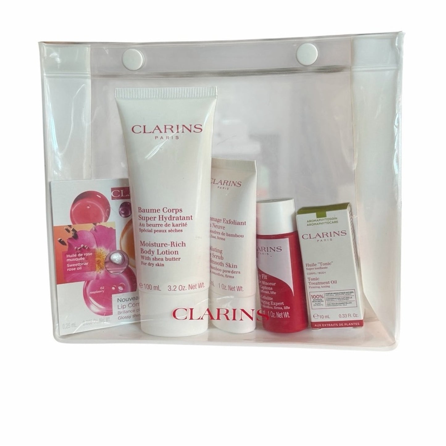 Clarins Body Care Gift Set Full Size Lotion + Scrub + Body Fit + Oil + Pouch NEW