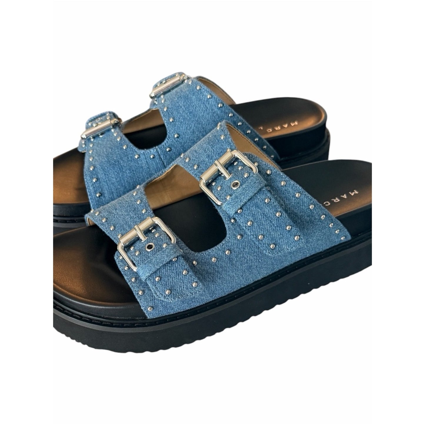 Marc Fisher LTD Agusta Denim Studded Slide Sandals Platform Blue 7.5 NIB