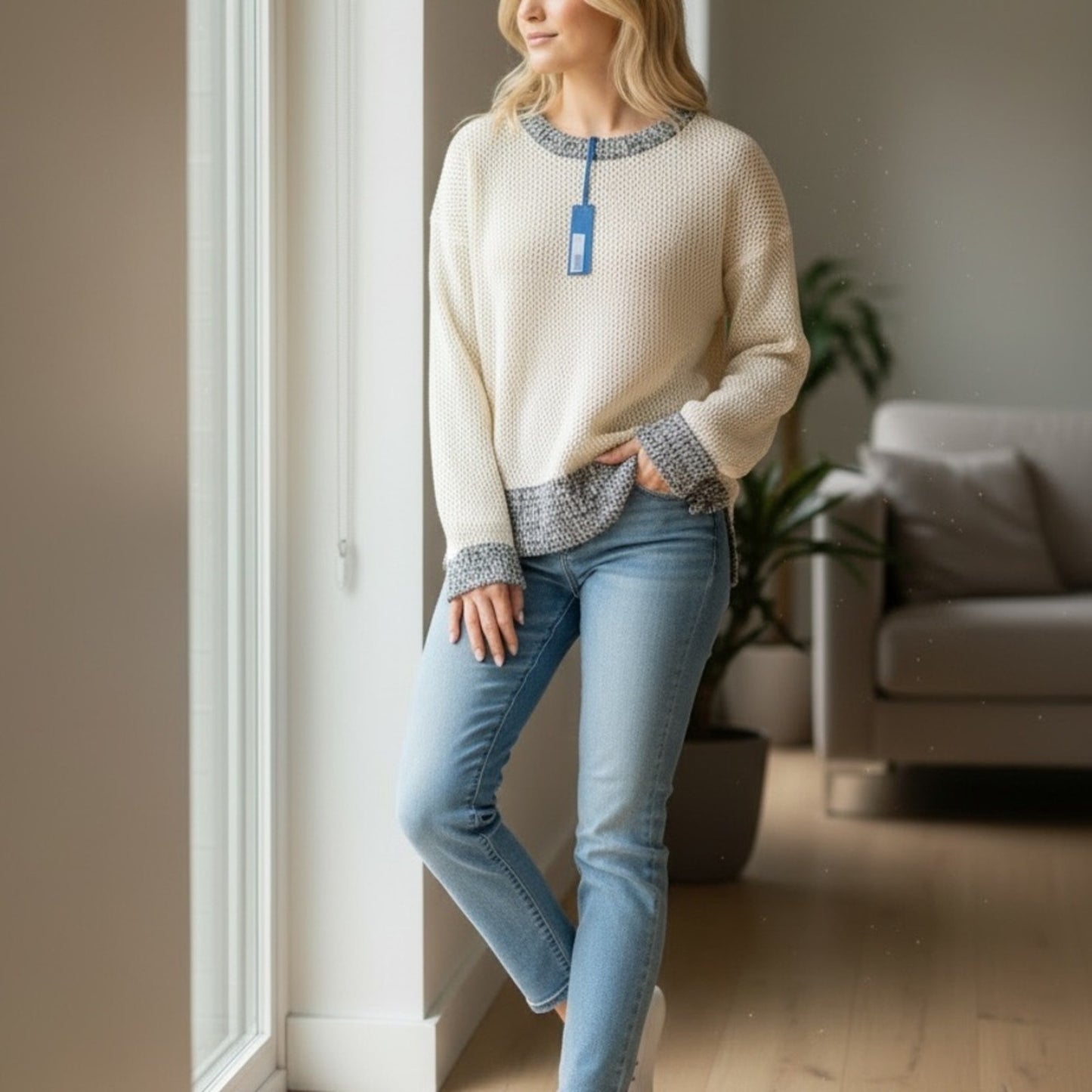 Cardigan New York Merino Wool Cashmere Sweater Ivory Navy Trim Size L NWT