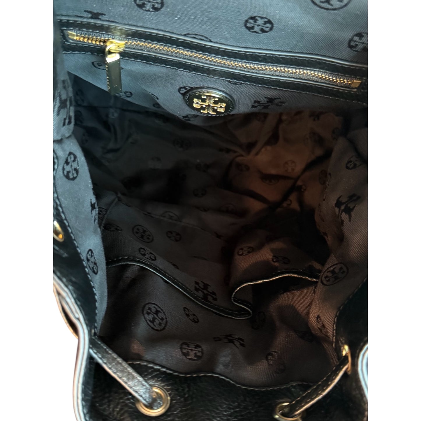 Tory Burch Large Black Pebbled Leather Drawstring Backpack - Gold Hardware