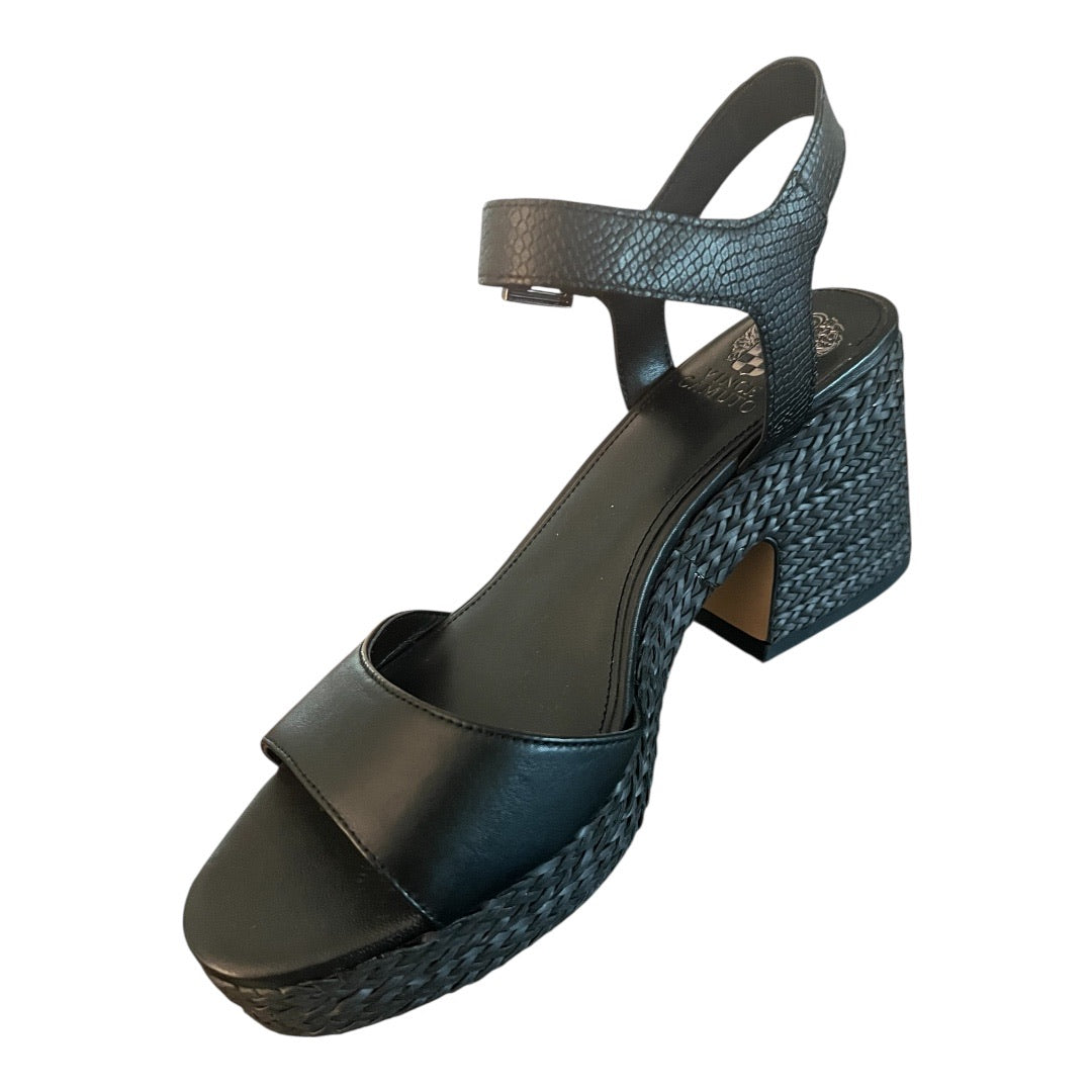 Vince Camuto Ranneli black block heel sandal  with woven bottoms