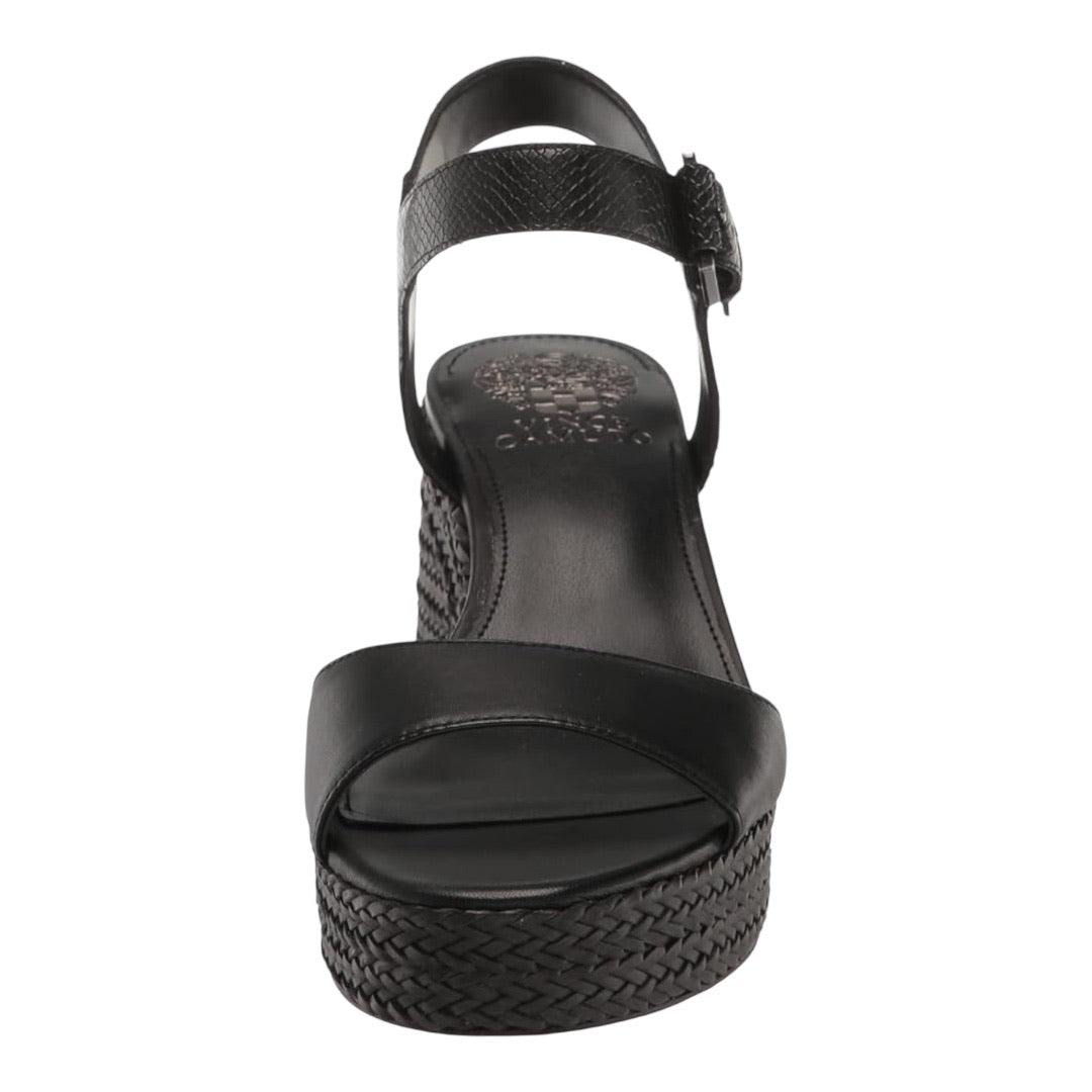 Vince Camuto Ranneli black block heel sandal  with woven bottoms