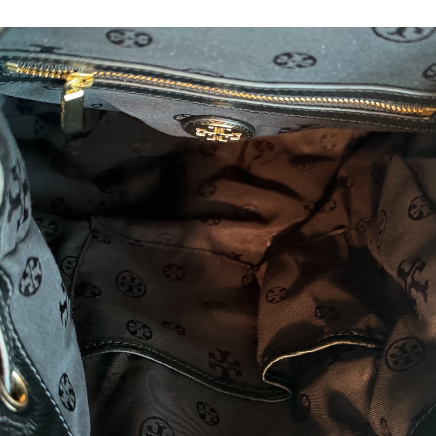 Tory Burch Large Black Pebbled Leather Drawstring Backpack - Gold Hardware