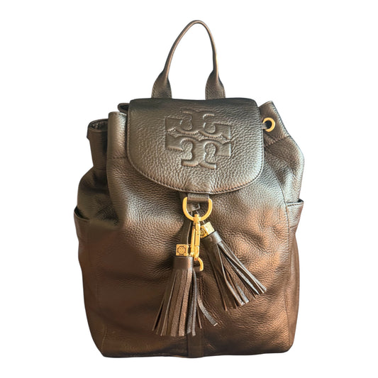 Tory Burch Large Black Pebbled Leather Drawstring Backpack - Gold Hardware