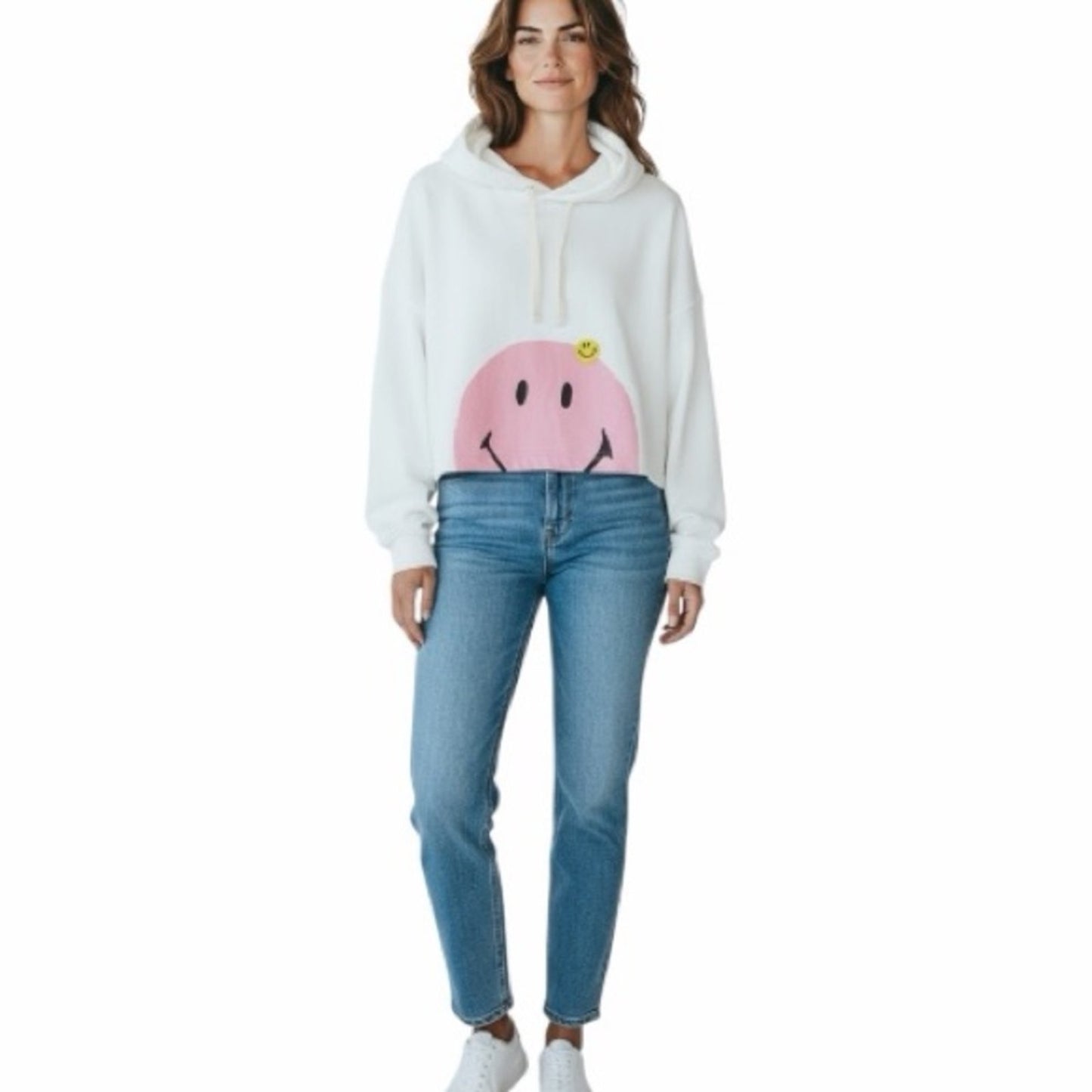 Joshua Sanders White Hoodie with Pink Smiley Face