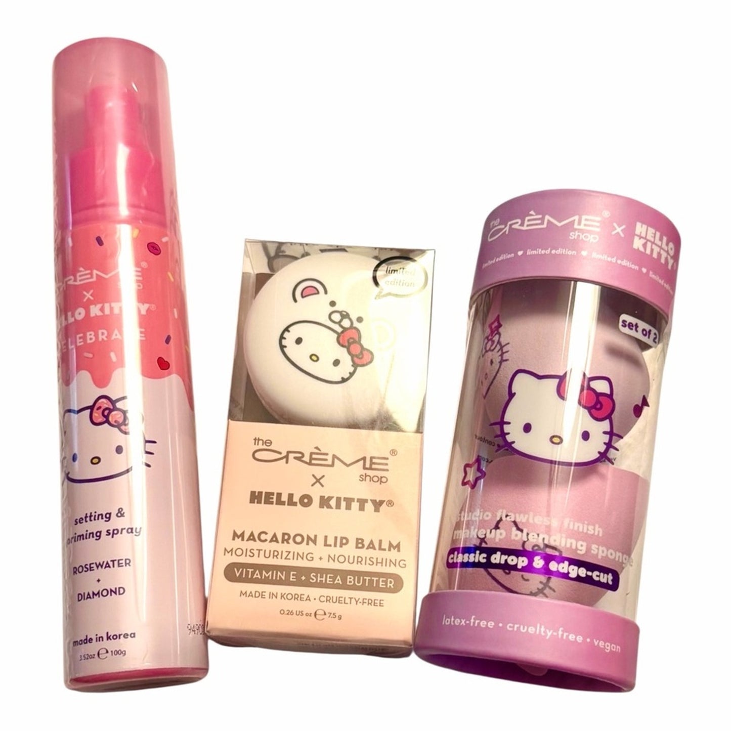 Hello Kitty x Creme Shop Beauty Bundle NIB/Setting Spray, Lip Balm & Sponge Set