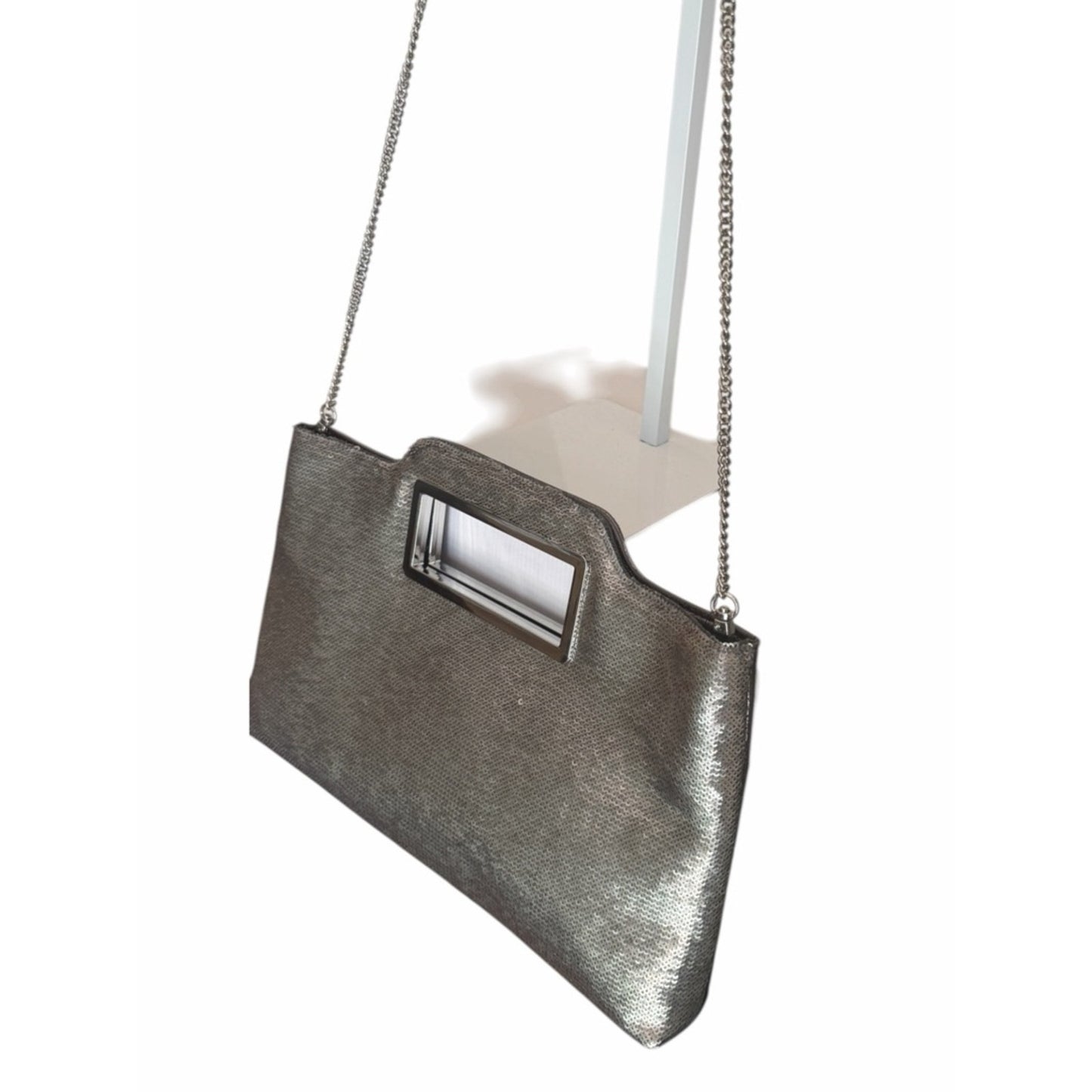 NWT INC Judith Dark Silver Sequin Clutch Crossbody Evening Wedding Bag