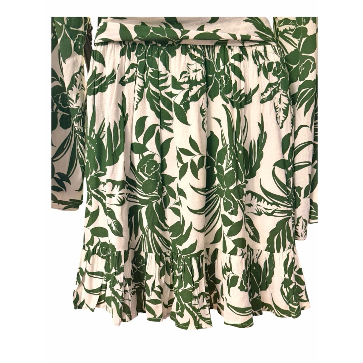 L*SPACE NWT Green Tropical Belted Mini Dress Medium Bell Sleeve Resort Vacation