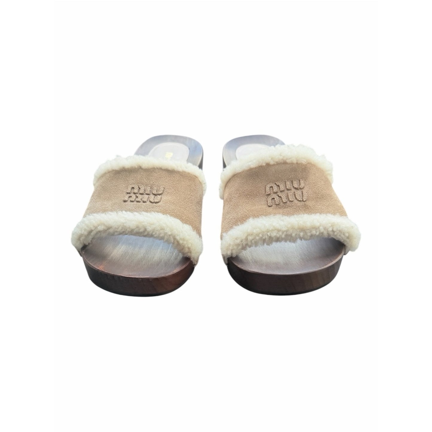 Miu Miu Suede Shearling Wooden Clog Slide Sandals Deserto 41 NIB