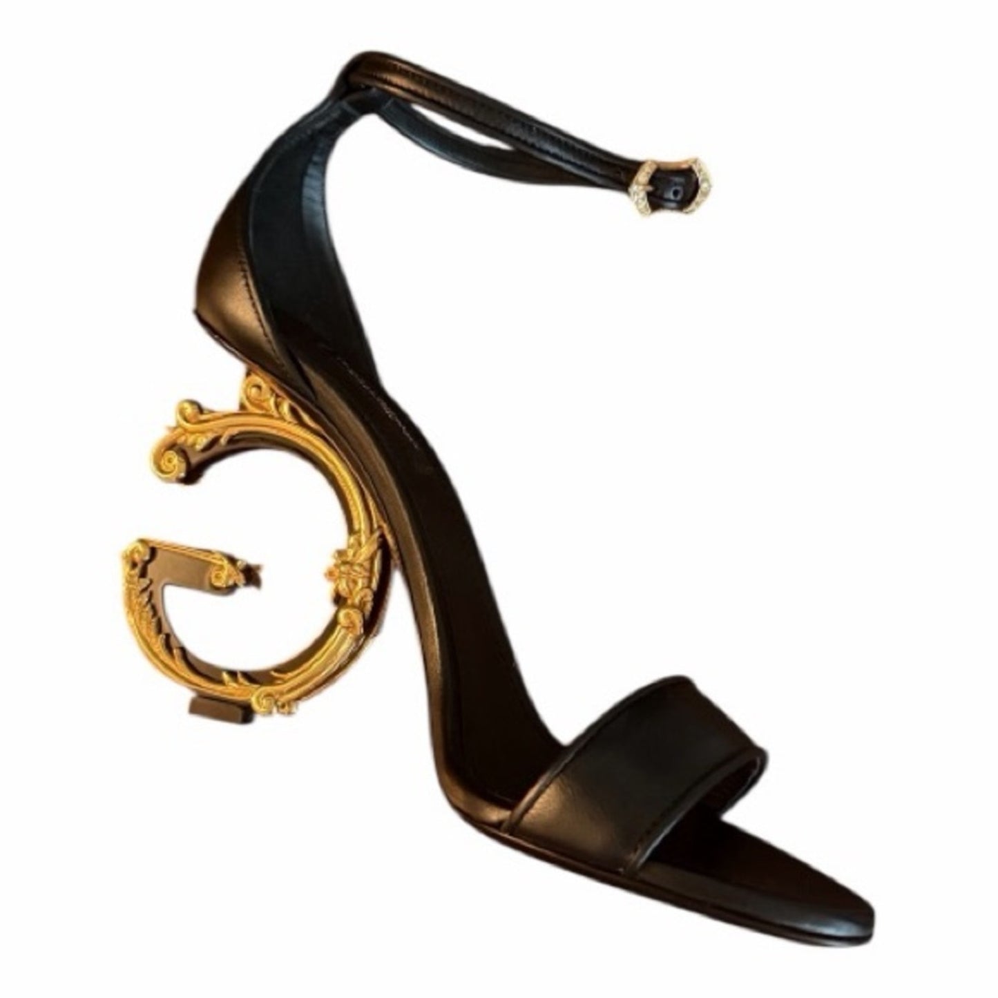 Dolce & Gabbana Black Leather Gold Logo Heel Sandals IT 38 NIB