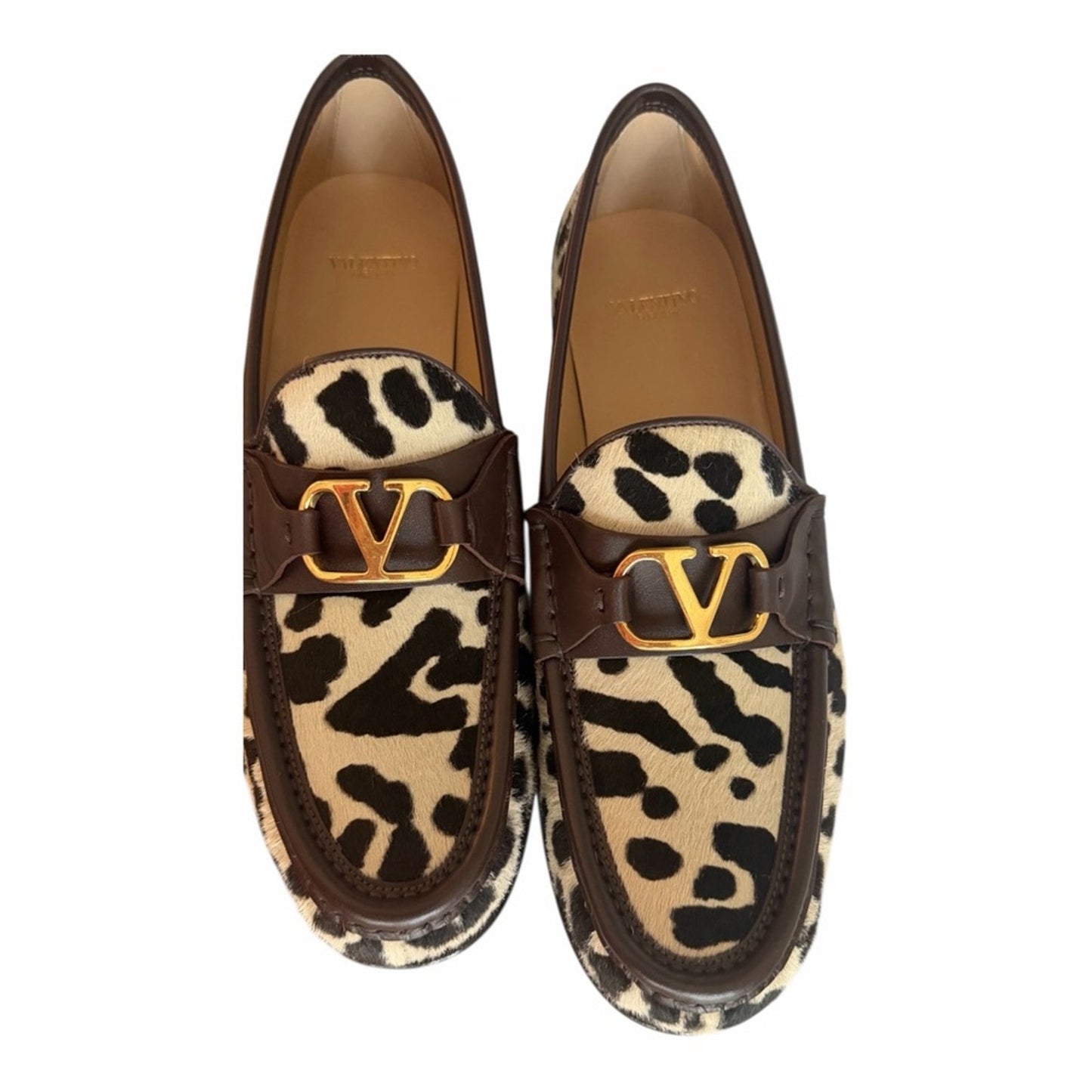 Valentino Garavani Pony Hair Leopard Loafers 39 Gold V Logo NIB