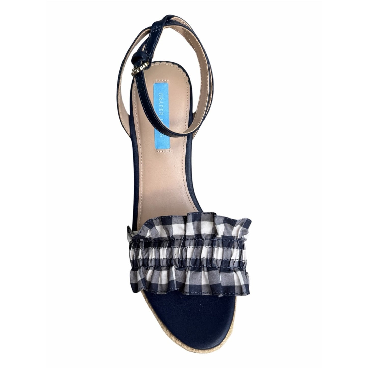 Draper James Abigail Navy Gingham Ruffle Espadrille Wedge Sandals NIB Size 7