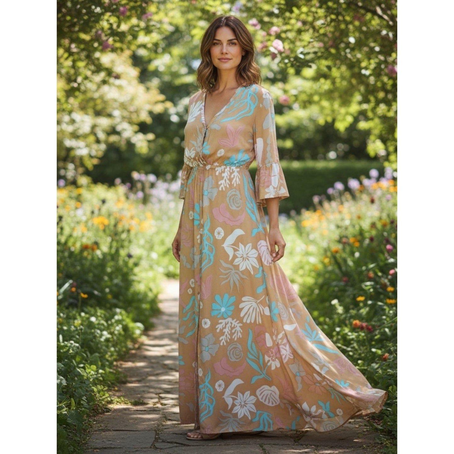 Tiare Hawaii Surry Maxi Dress NWT Brown Aqua Floral Size s/m