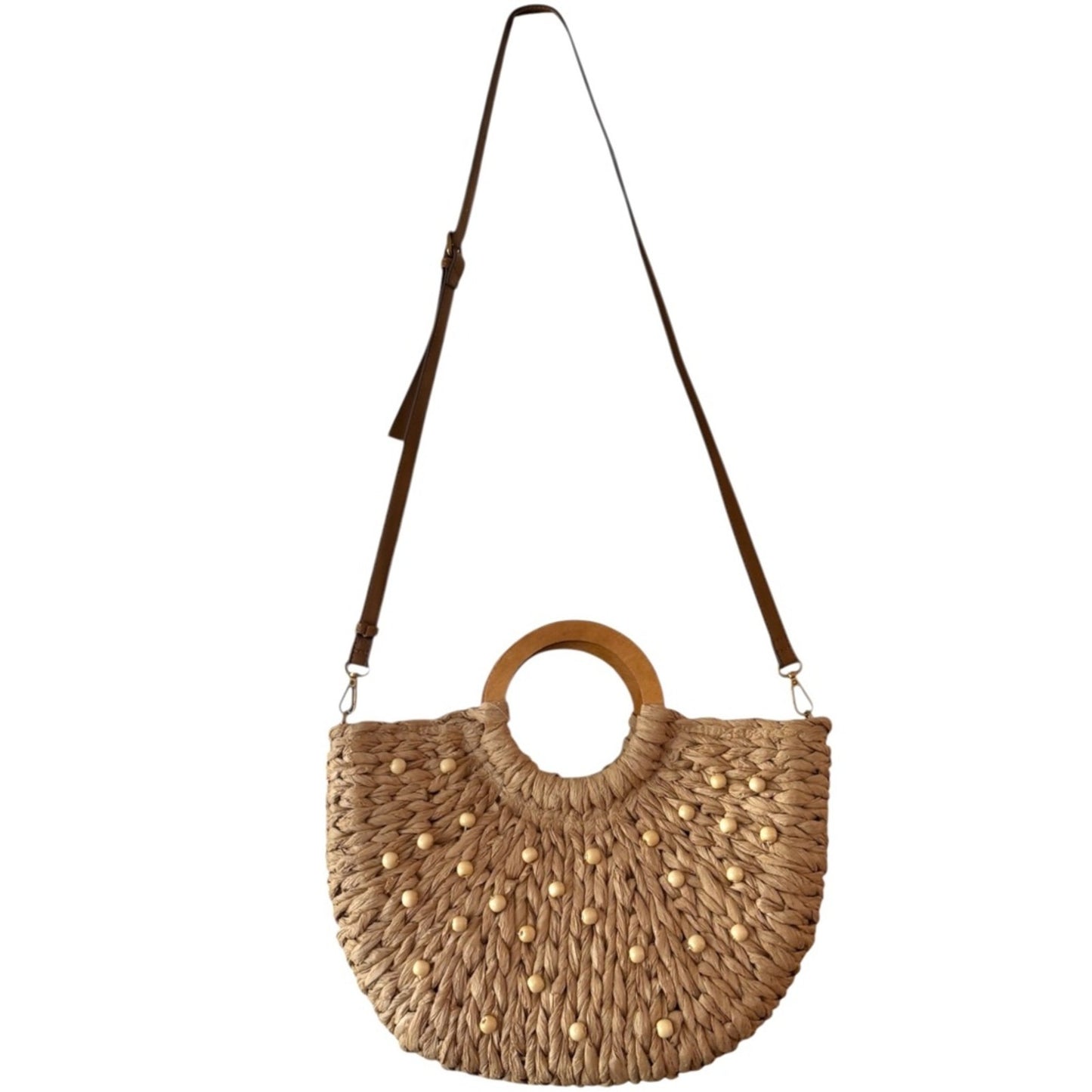 Style & Co Straw Beaded Tote Wooden Handle Crossbody Beach Boho Summer Bag