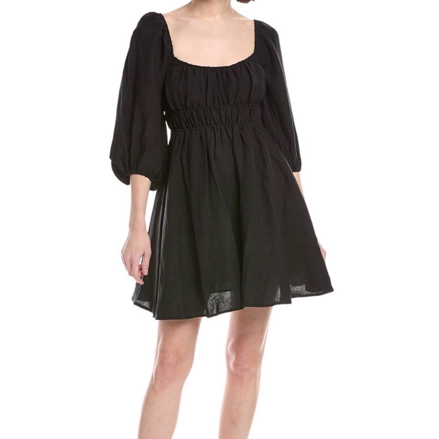 Hermoza Lala Cinched Mini Dress Black NWT Linen Blend Puff Sleeve Size S
