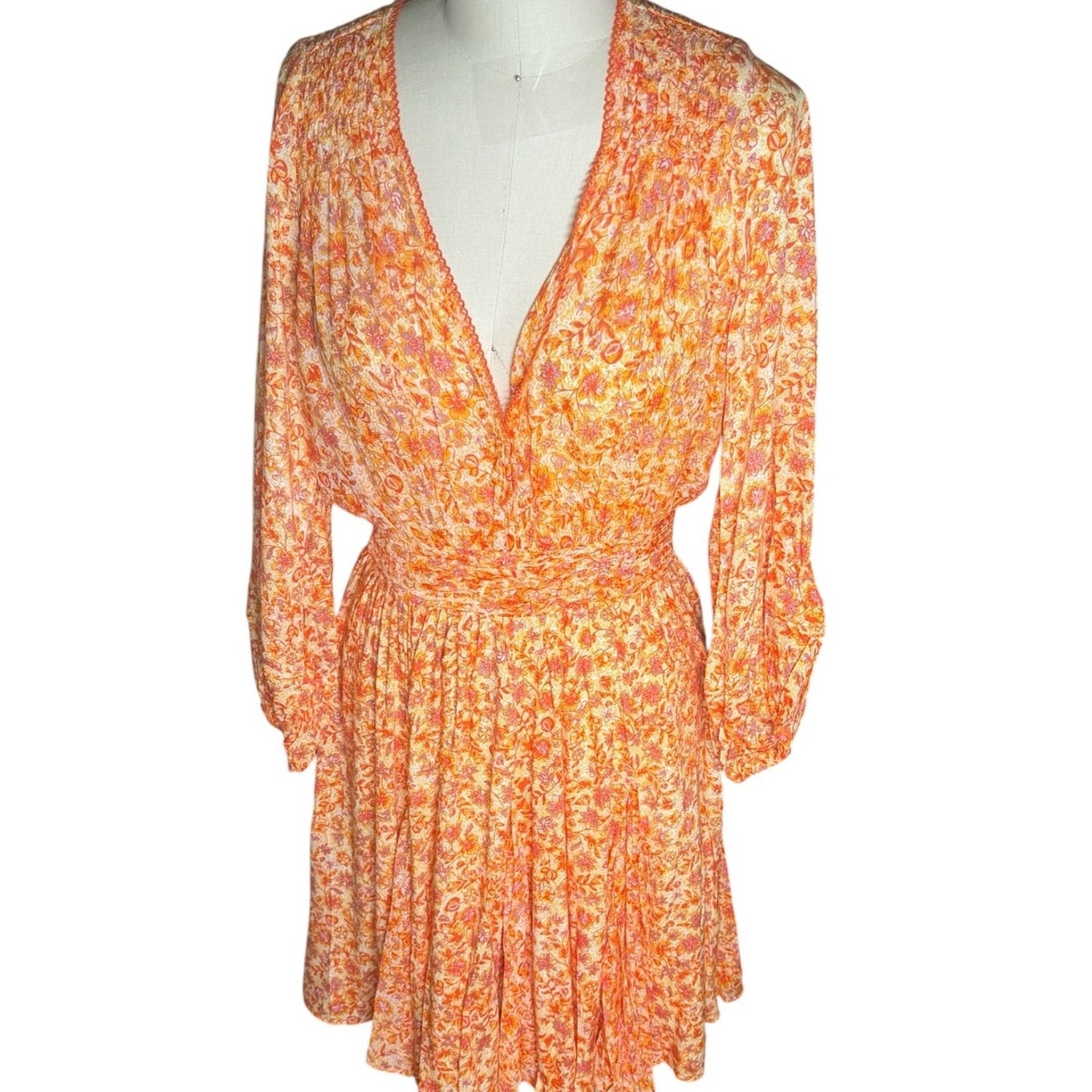 Poupette St Barth Annabelle V Orange Mayflower Floral Mini Dress M NWT