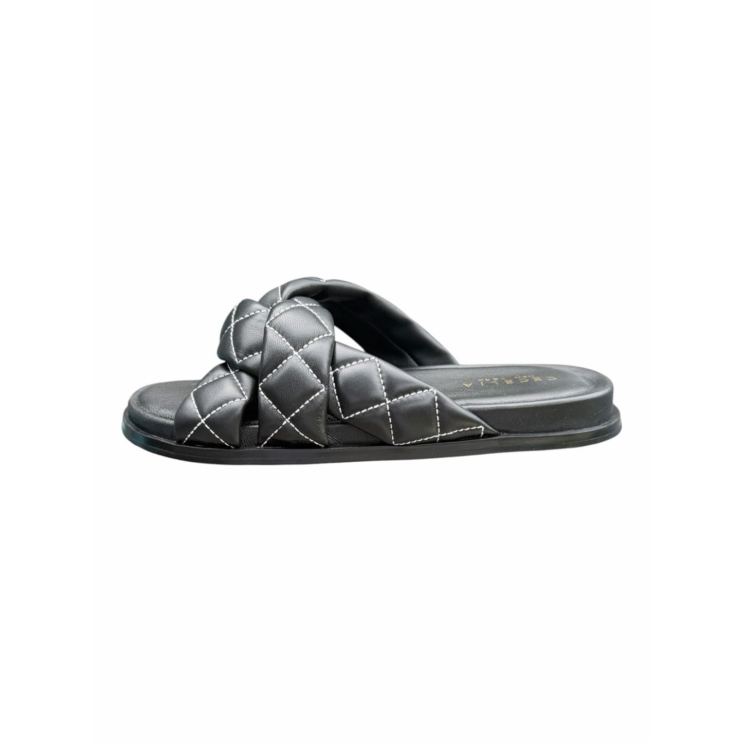 Cecelia New York Ellie Quilted Braided Leather Slide Sandals Black  5.5 New With Box