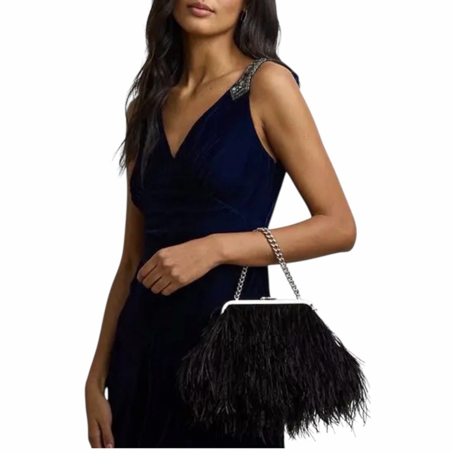 Lauren Ralph Lauren Hollie Feather Fringe Clutch Black LRL Bag NWT Glam Style