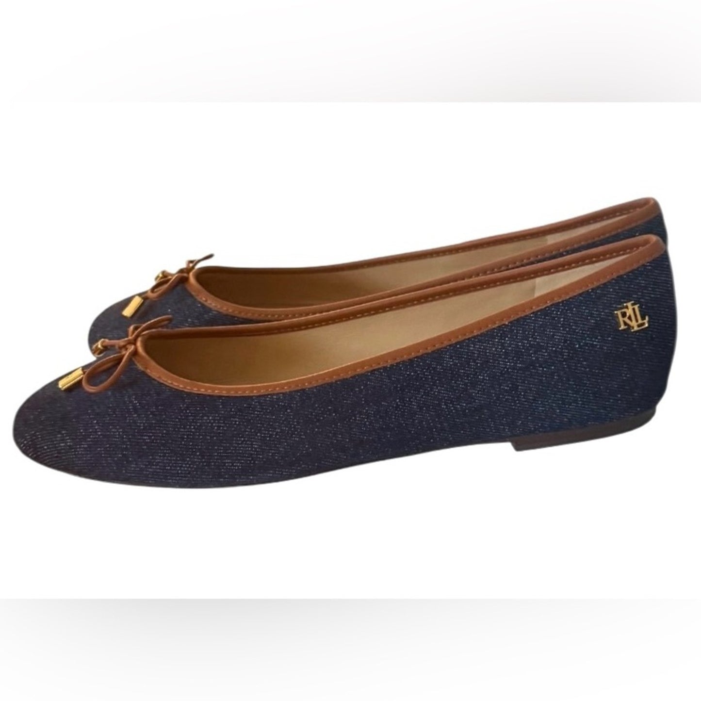 Lauren Ralph Lauren Jayna Denim Ballet Flats Vayra Wash Bow Logo NIB Size 7.5B