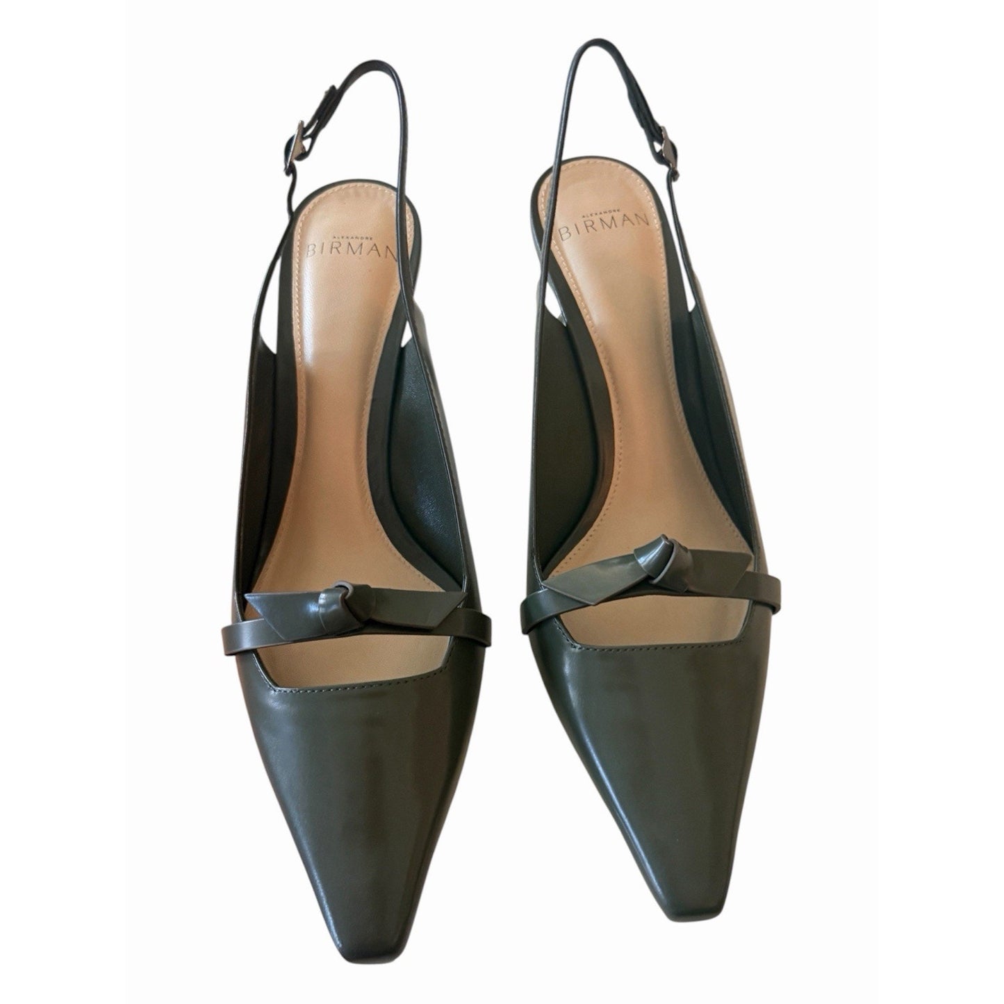 Alexandre Birman Slingback Pumps 37 Green Leather Bow Kitten Heel NIB