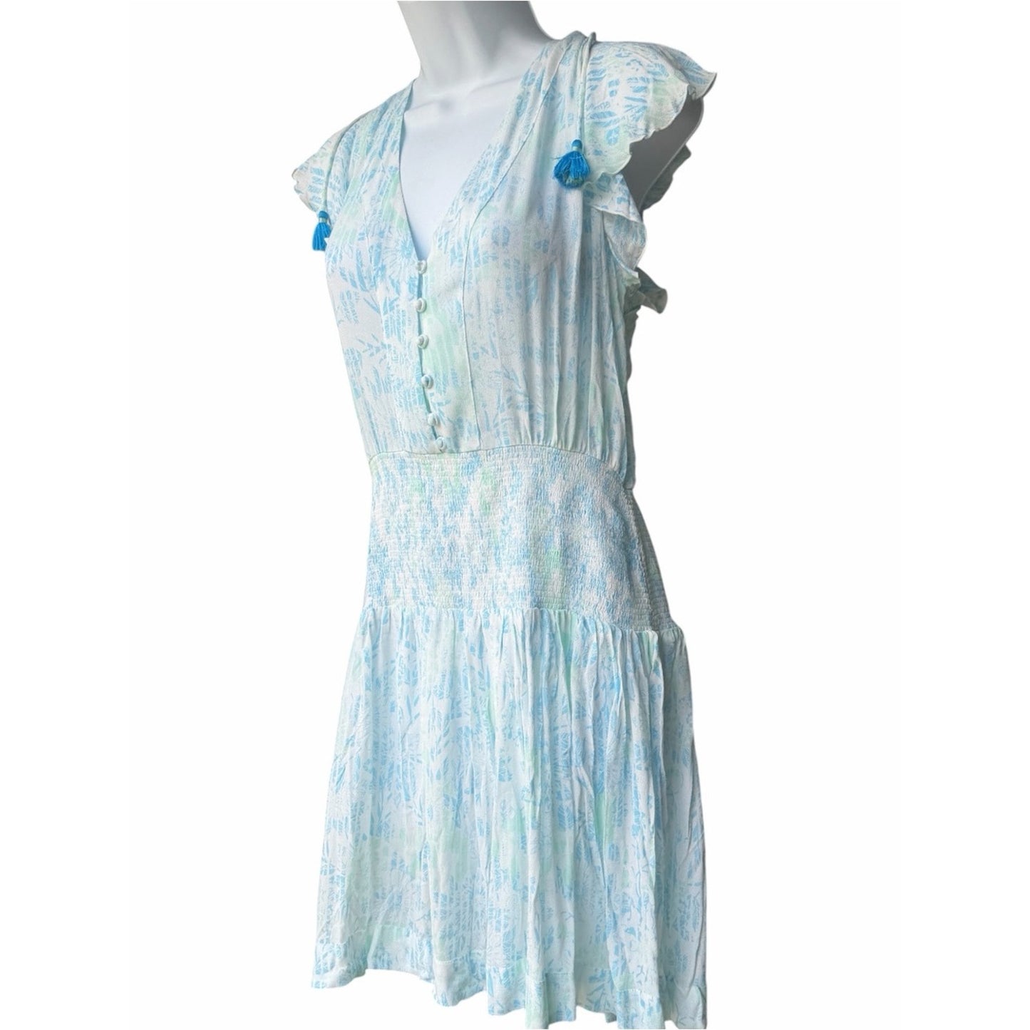 Poupette St Barth Rachel Smocked Mini Dress Sky Blue Breeze Blue Resort NWT L