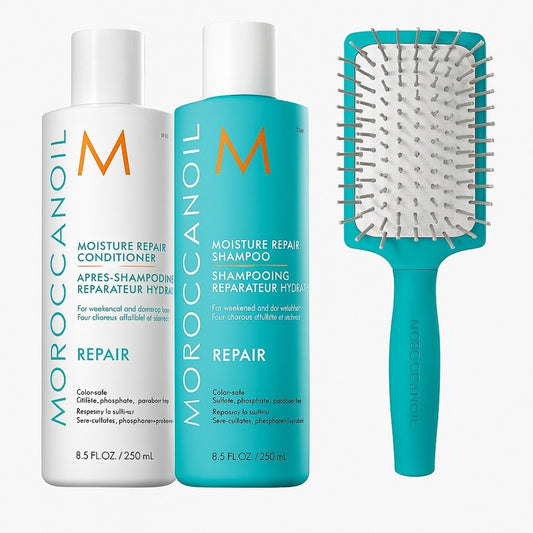 NEW Moroccanoil Moisture Repair Shampoo Conditioner + Mini Paddle Brush Set