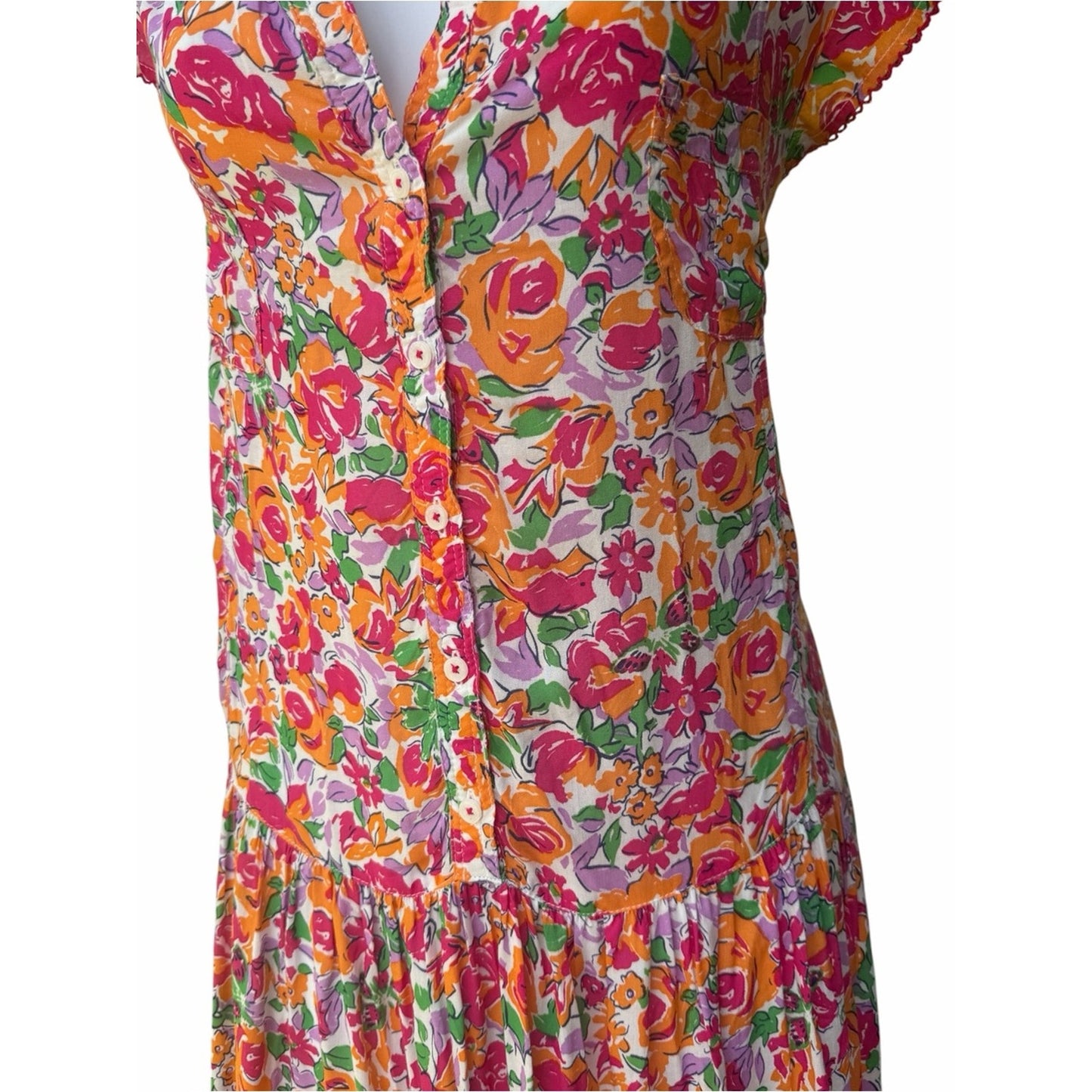 Poupette St. Barth Amora Mini Dress Orange Rose Floral NWT Large Button Front