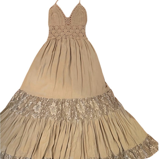 Tiare Hawaii Isabel Macrame Maxi Dress Crochet Halter Lace Boho Resort NWT S/M