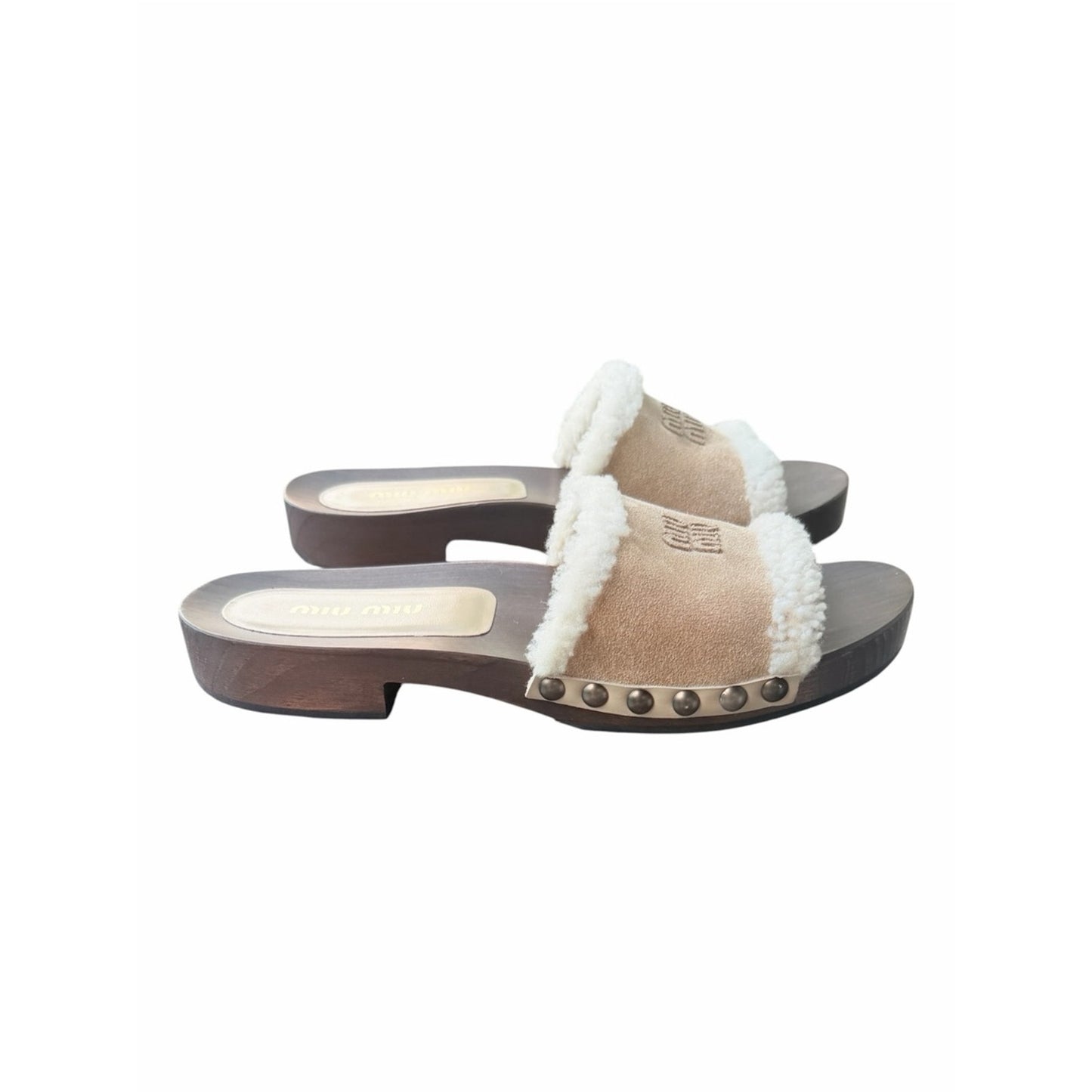 Miu Miu Suede Shearling Wooden Clog Slide Sandals Deserto 41 NIB